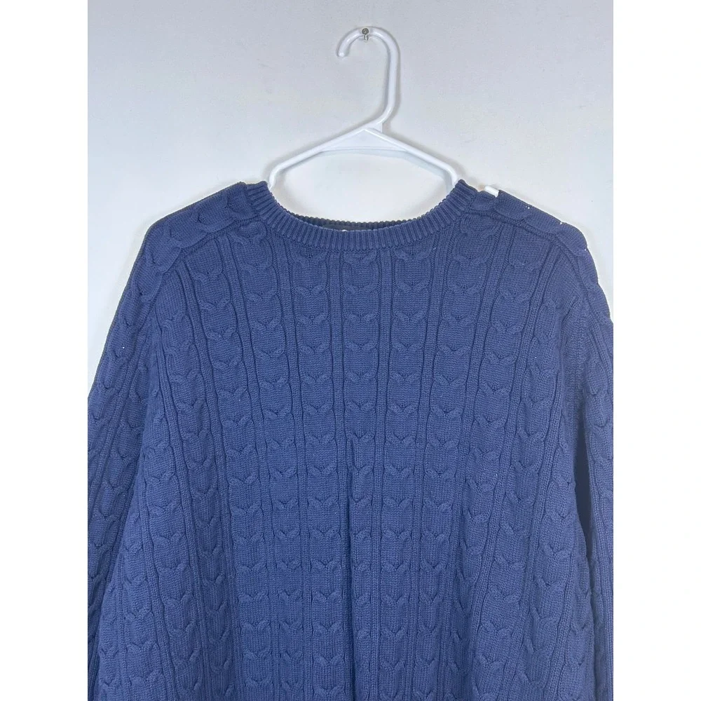 Mens Navy Blue Cable Knit Crew Neck Sweater Long Sleeve Textured Pullover